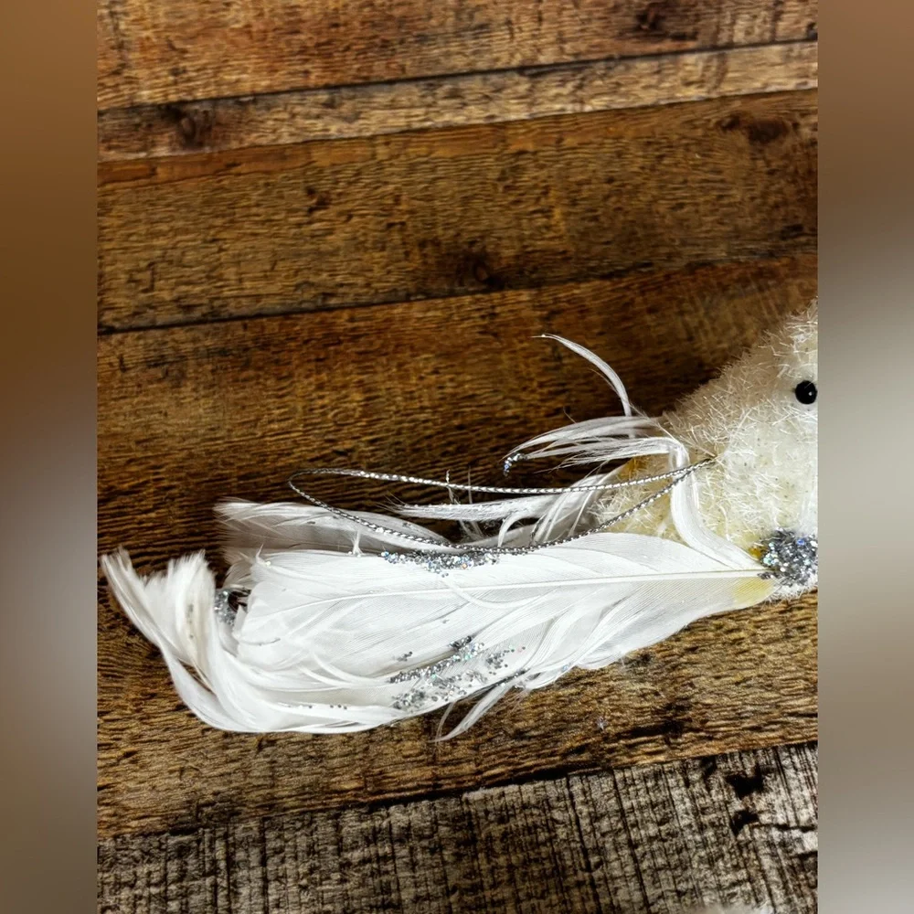 2 White Vintage Feathered Birds w/ Glitter Christmas Ornaments Hanging READ